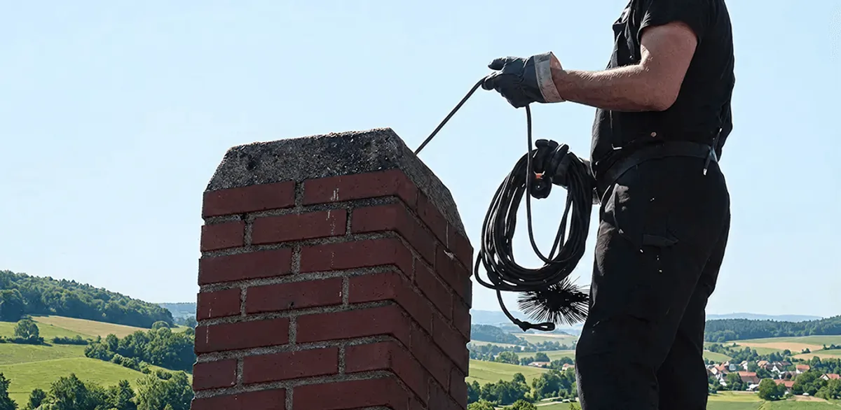 Chimney sweep inspecting and cleaning a rooftop chimney in Boise, ID