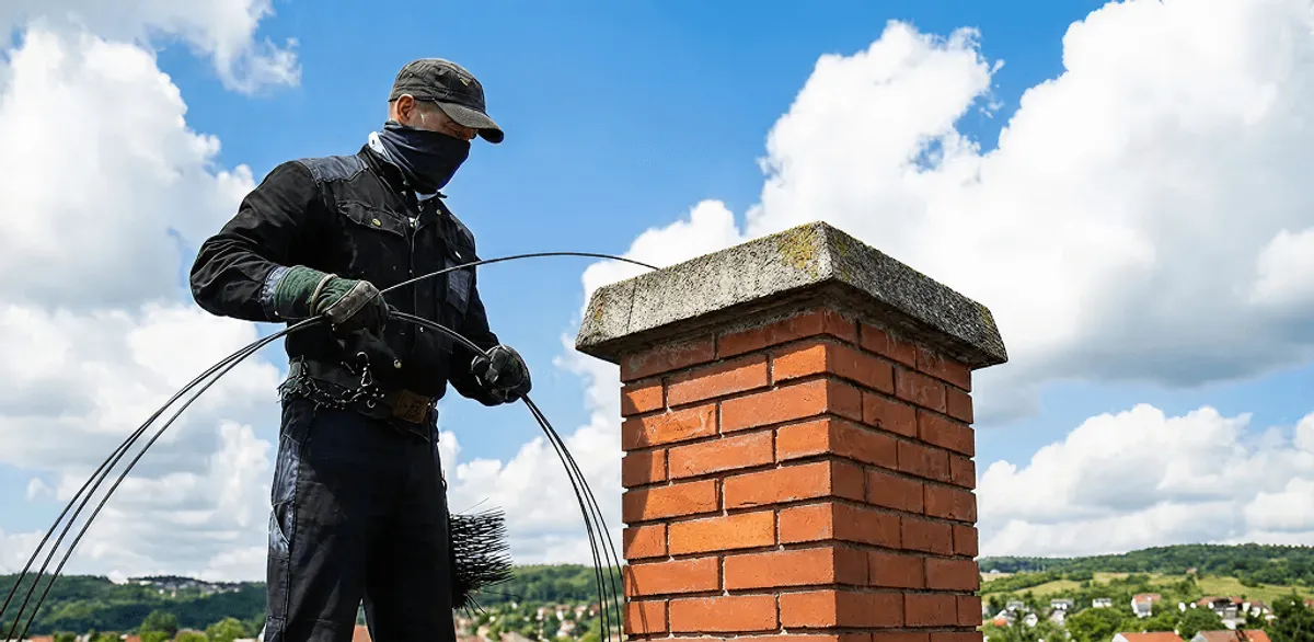 Chimney sweep cleaning a brick chimney with professional tools in Boise, ID