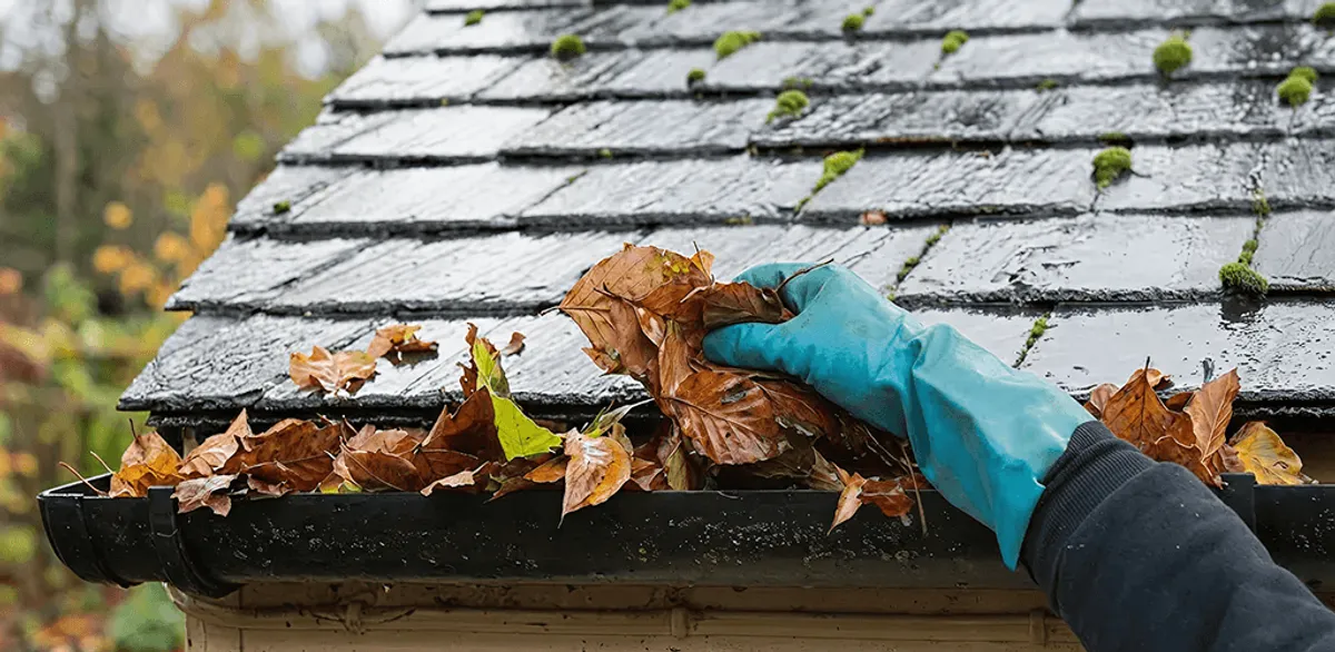 Gutter cleaning technician clearing wet leaves from roof gutters in Boise, ID